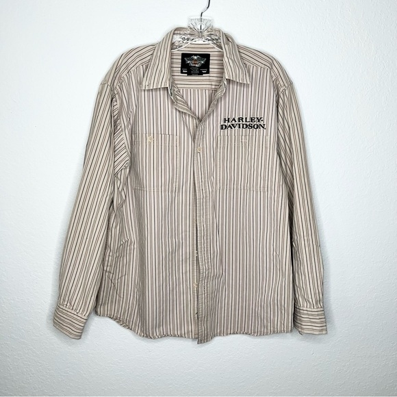 Harley Davidson Shirt Men Medium Brown Tan Stripe Embroidered Button Up EE - Picture 1 of 9